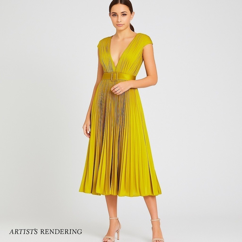 NWT Mac Duggal Mustard Yellow Pleated V-Neck Midi Dress with Belt